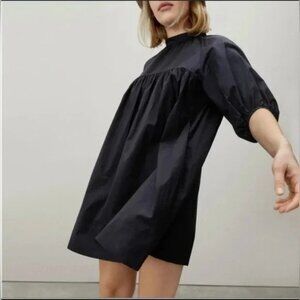 Everlane Black Shirred Yoke Cotton Mini Dress Short Puff Sleeves Womens Medium